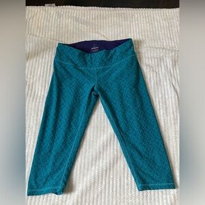 Prana Teal Patterned Cropped Leggings with Purple Waistband